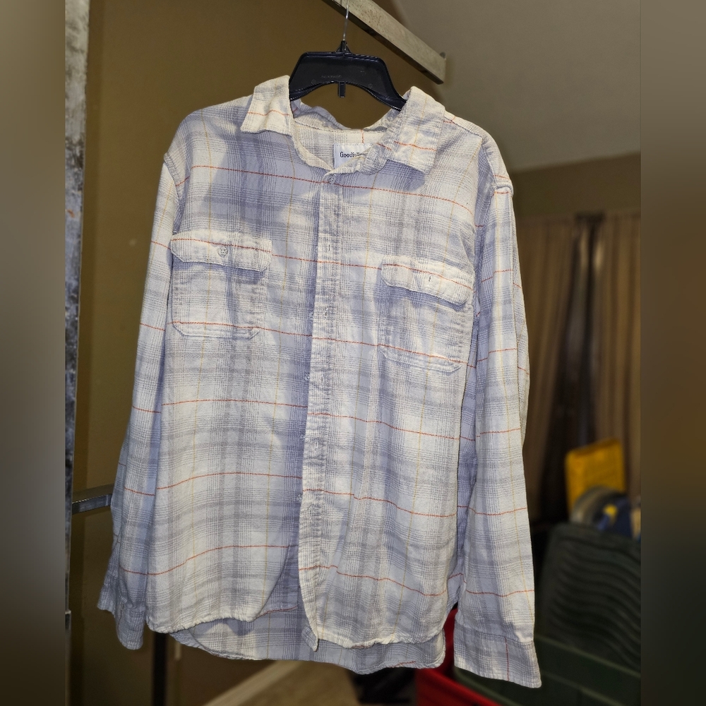 White and Orange Plaid Button-Up Shirt
